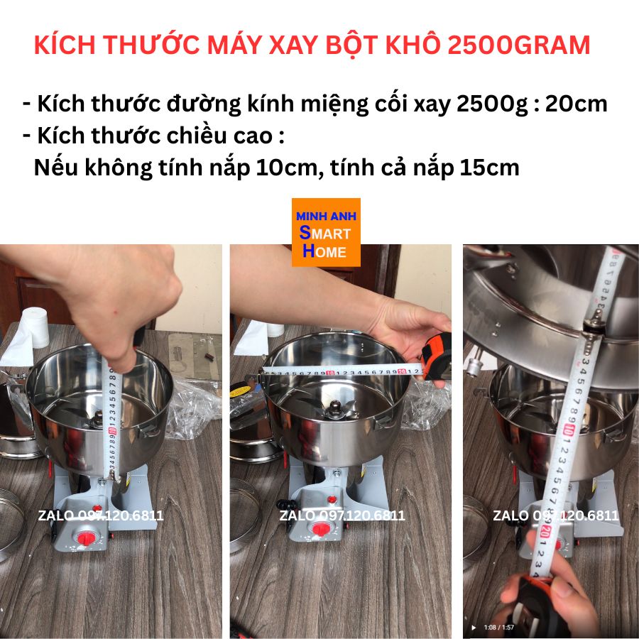 kích thước đường kính chiều cao máy xay bột khô 2500gram công suất 4200w